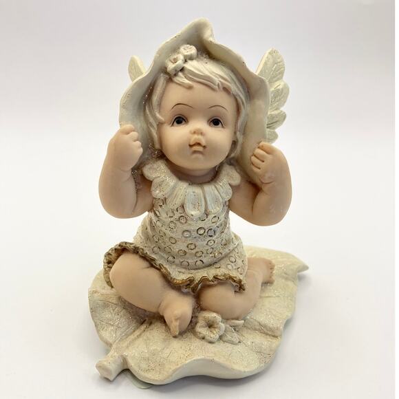 unknown Other - Vintage Baby Angel Figurine with‎ Wings Sitting on Leaf Base